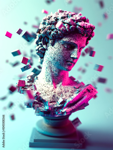 A vibrant bust infused with pixel-like blocks, portraying a striking balance of classical form mixed with dynamic and colorful modern digital elements in harmony. photo