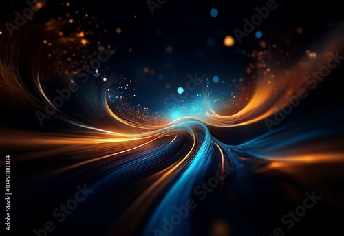 Abstract swirling blue and orange lights on a dark background.