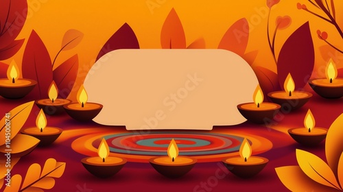 Diwali Greeting Card Background with Diyas, Leaves, and Rangoli for Festive Invitations