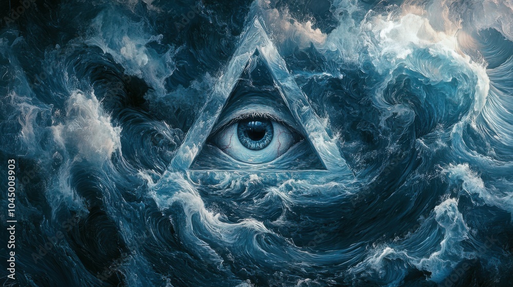 The All-Seeing Eye in a triangle, framed by swirling water and wave patterns, symbolizing hidden depths and unseen forces. The All-Seeing Eye in a triangle, framed by swirling water and wave patterns, symbolizing hidden depths and unseen forces.