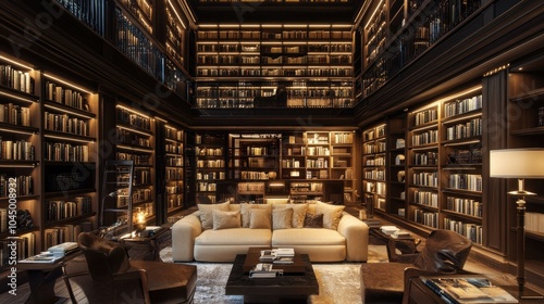 Grand library with towering bookshelves full of volumes, a plush reading chair, and soft lighting for a relaxing bookish experience.