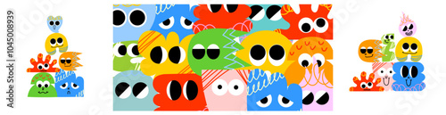 Funny cartoon characters in trendy retro style and different geometric shapes. Hand drawn abstract funny cute comic characters sticker pack. Diversity concept.