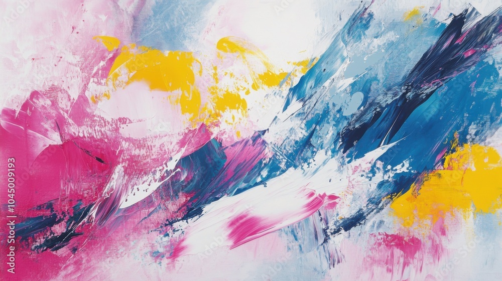 Dynamic abstract painting in shades of pink, blue, and yellow, with bold strokes and splashes, creating a sense of energy and movement.