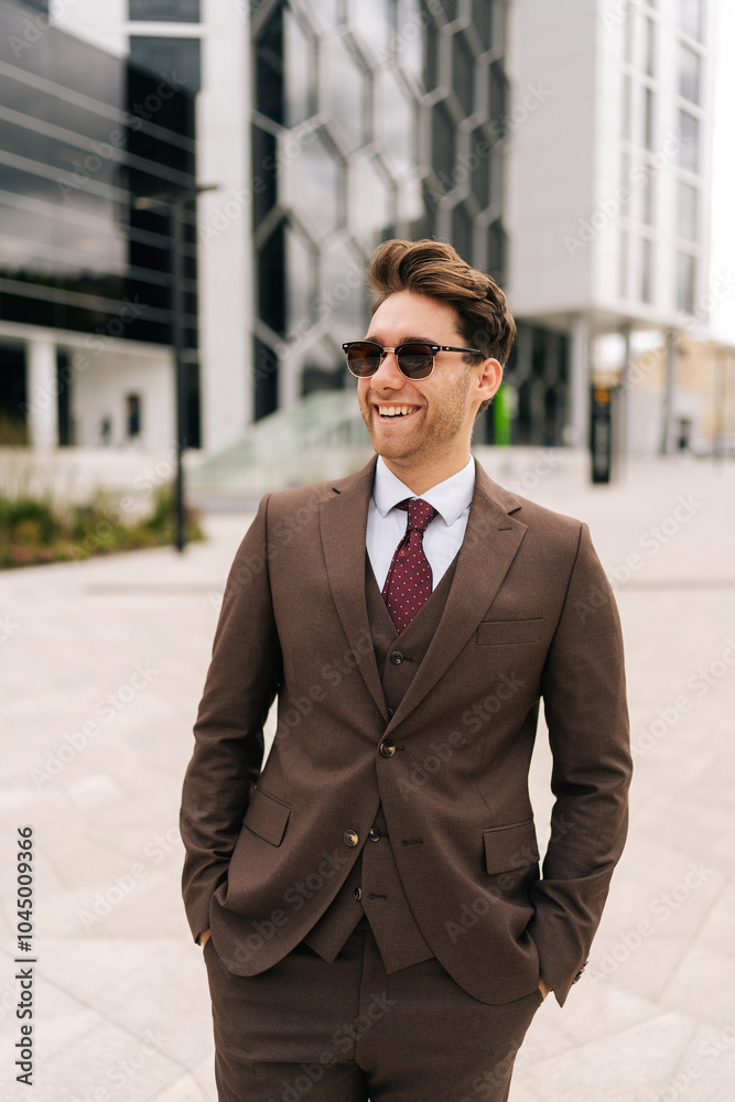 Vertical portrait of happy successful businessman wearing elegant suit and sunglasses standing posing outdoors in city with hands in pockets, smiling looking away. Modern cityscape backdrop background Vertical portrait of happy successful businessman wearing elegant suit and sunglasses standing posing outdoors in city with hands in pockets, smiling looking away. Modern cityscape backdrop background
