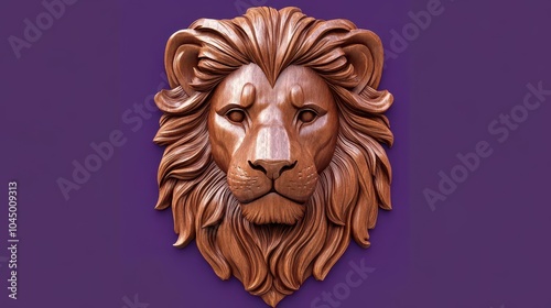 A carved lion face on a royal purple background