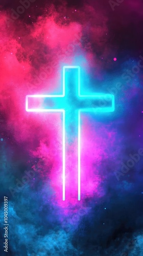 Neon Cross Glowing in Vibrant Colors of Pink and Blue