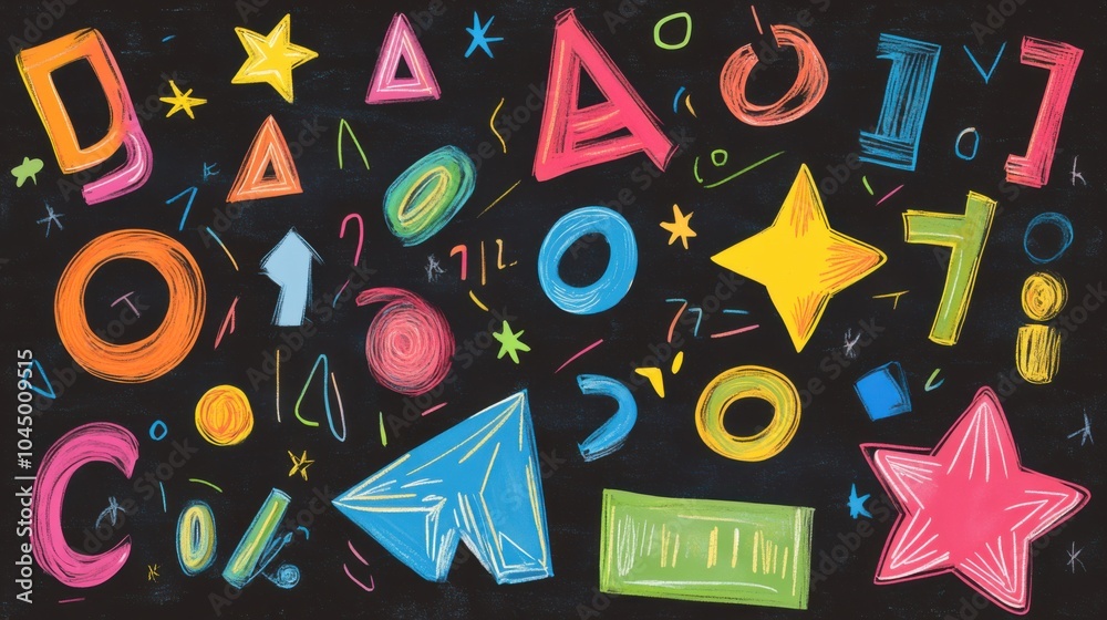 Chalkboard filled with colorful shapes, numbers, and letters drawn in fun fonts--perfect for kindergartens or early childhood development centers. Chalkboard filled with colorful shapes, numbers, and letters drawn in fun fonts--perfect for kindergartens or early childhood development centers.