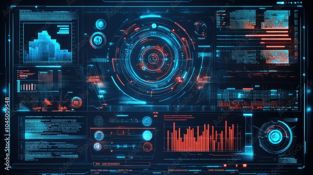 High-tech holographic interface with circular and grid-based HUD elements, futuristic UI data streams High-tech holographic interface with circular and grid-based HUD elements, futuristic UI data streams