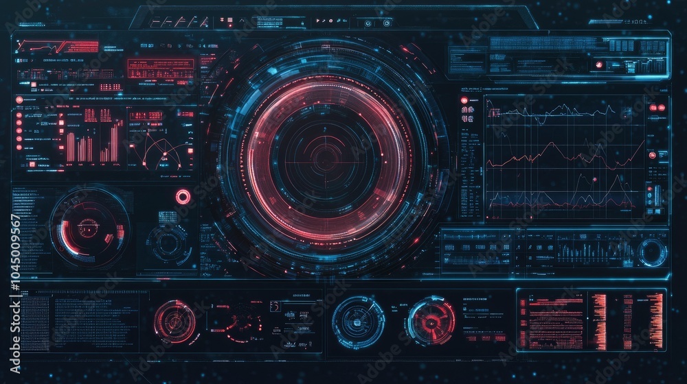High-tech holographic interface with circular and grid-based HUD elements, futuristic UI data streams High-tech holographic interface with circular and grid-based HUD elements, futuristic UI data streams