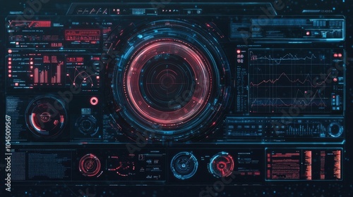 High-tech holographic interface with circular and grid-based HUD elements, futuristic UI data streams