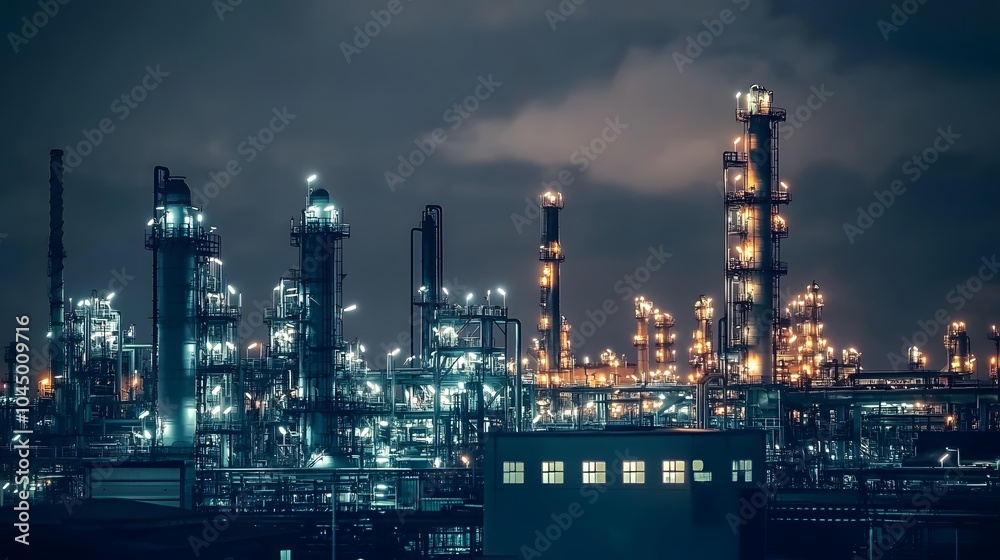 A massive oil and gas intertwined industrial complex with towering towers, pipes, and tanks at night A massive oil and gas intertwined industrial complex with towering towers, pipes, and tanks at night