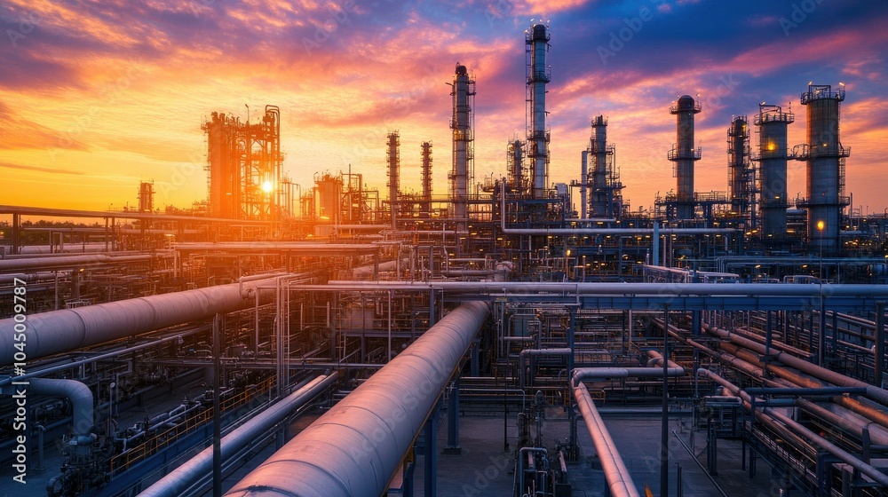 Industrial oil and gas refinery with sprawling pipelines and towering storage tanks under a vibrant, dramatic sunset sky. Industrial oil and gas refinery with sprawling pipelines and towering storage tanks under a vibrant, dramatic sunset sky.