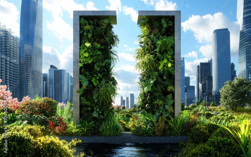 Fototapeta premium A vibrant urban landscape featuring green vertical gardens set against modern skyscrapers under a bright blue sky.
