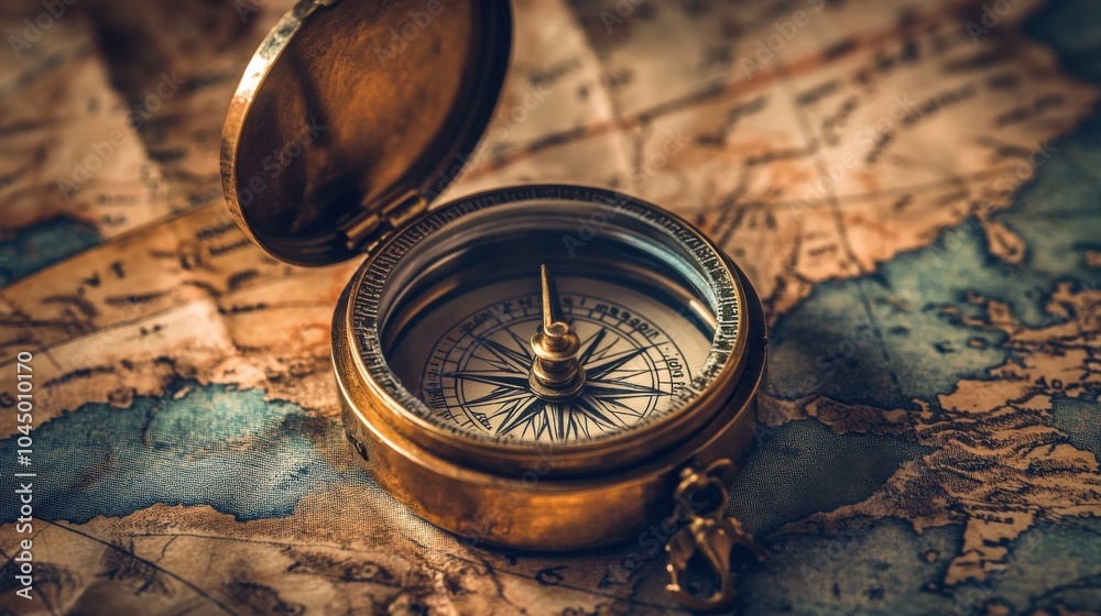 Macro shot of an antique pocket compass, showing the fine engravings and patina of the brass case, placed on an old map. Macro shot of an antique pocket compass, showing the fine engravings and patina of the brass case, placed on an old map.