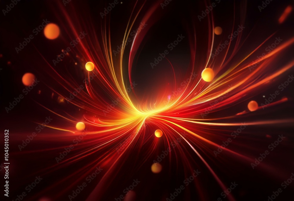 Bright orange and red lights twist and curve through a dark space, small round objects appear throughout. Bright orange and red lights twist and curve through a dark space, small round objects appear throughout.