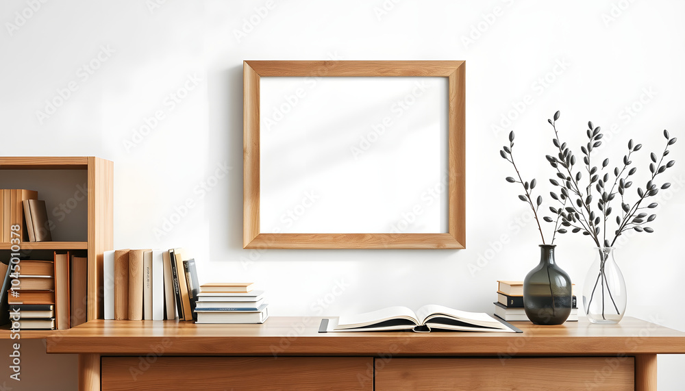 Home office concept. Old books, empty vertical wooden picture frame mockup hanging on white wall. Wooden desk, table. Vase with olive branches. Elegant working space. Scandinavian interior design is Home office concept. Old books, empty vertical wooden picture frame mockup hanging on white wall. Wooden desk, table. Vase with olive branches. Elegant working space. Scandinavian interior design is