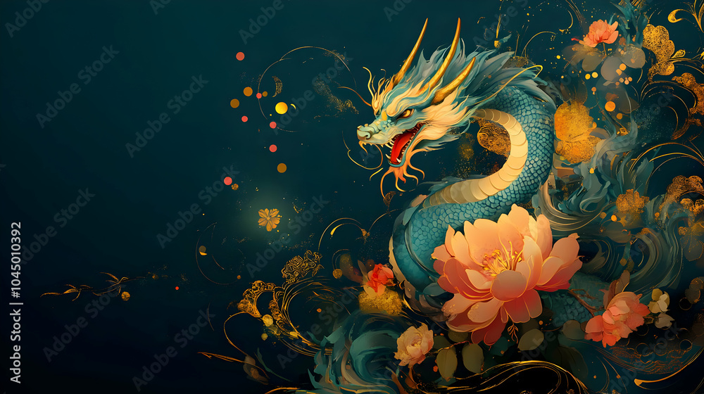Dragon Illustration with Gold and Flowers Dragon Illustration with Gold and Flowers
