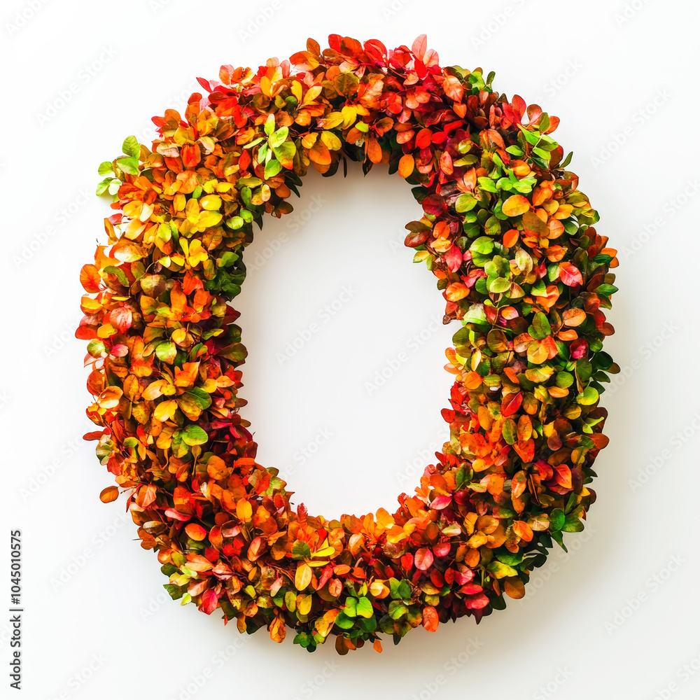 Alphabet letter O made of fall leaves, flowers. berries. Vibrant autumn colours. White clean background. Generative AI Alphabet letter O made of fall leaves, flowers. berries. Vibrant autumn colours. White clean background. Generative AI