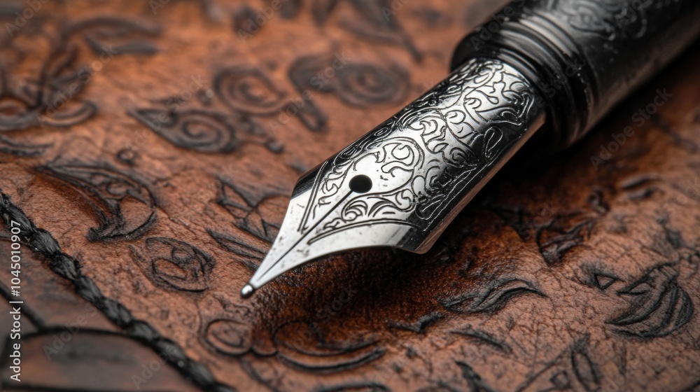 Macro shot of a bespoke fountain pen nib, showing fine engravings and ink residue, placed on a leather writing mat. Macro shot of a bespoke fountain pen nib, showing fine engravings and ink residue, placed on a leather writing mat.