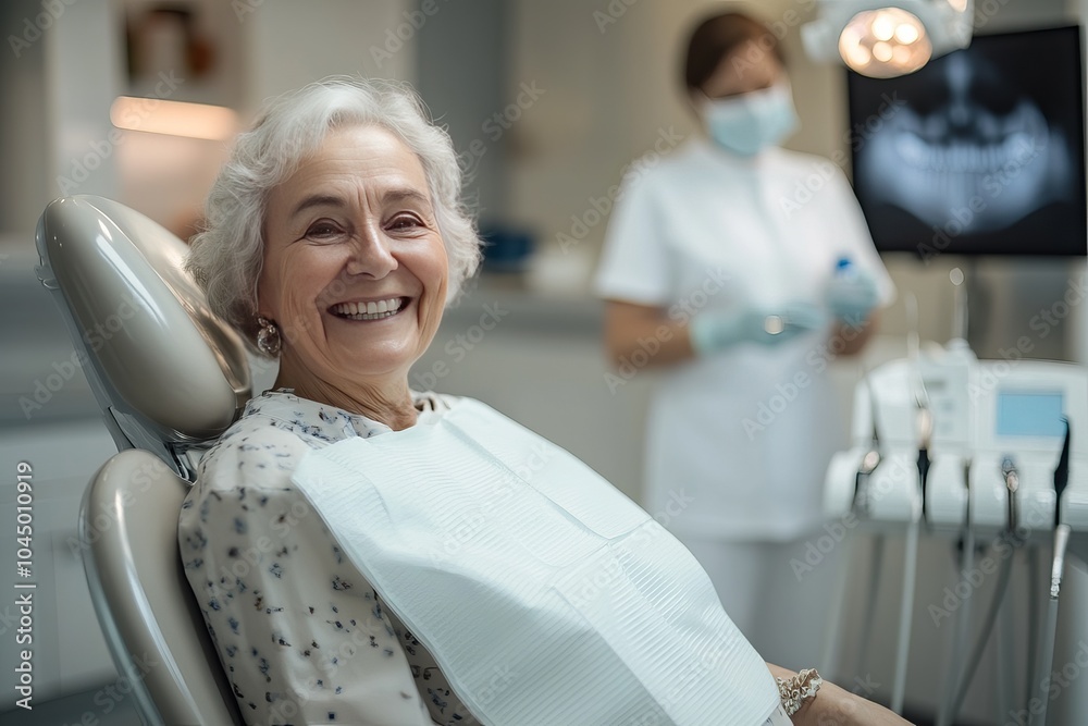 A Senior Woman Sits In A Dental Chair, Smiling Confidently After A Checkup, With A Dentist Visible In The Background. A Senior Woman Sits In A Dental Chair, Smiling Confidently After A Checkup, With A Dentist Visible In The Background.