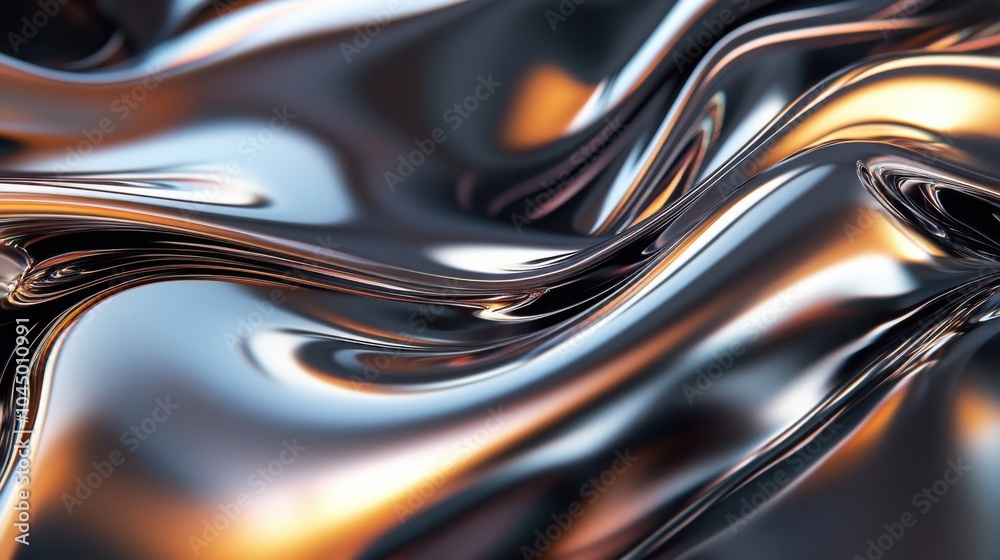 Fluid metallic waves curving and flowing in 3D space, with reflections creating a mesmerizing effect