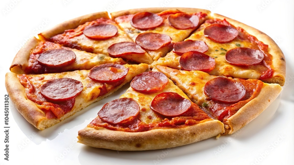 Sliced pepperoni pizza with salami and cheese on a white background at a tilted angle Sliced pepperoni pizza with salami and cheese on a white background at a tilted angle