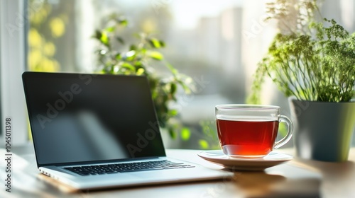 Morning workspace with laptop and tea - modern office setup