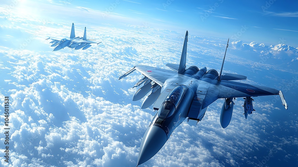 Naklejka premium Two fighter jets fly in formation above the clouds.