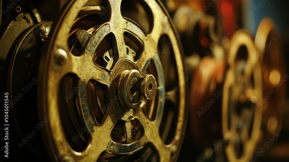 Obraz premium Close-up of vintage film reels and projectors, emphasizing the old-school cinema experience and mechanical details.