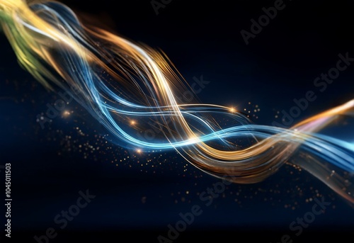 Glowing streaks of light twist and turn on a dark background with sparkling particles. photo