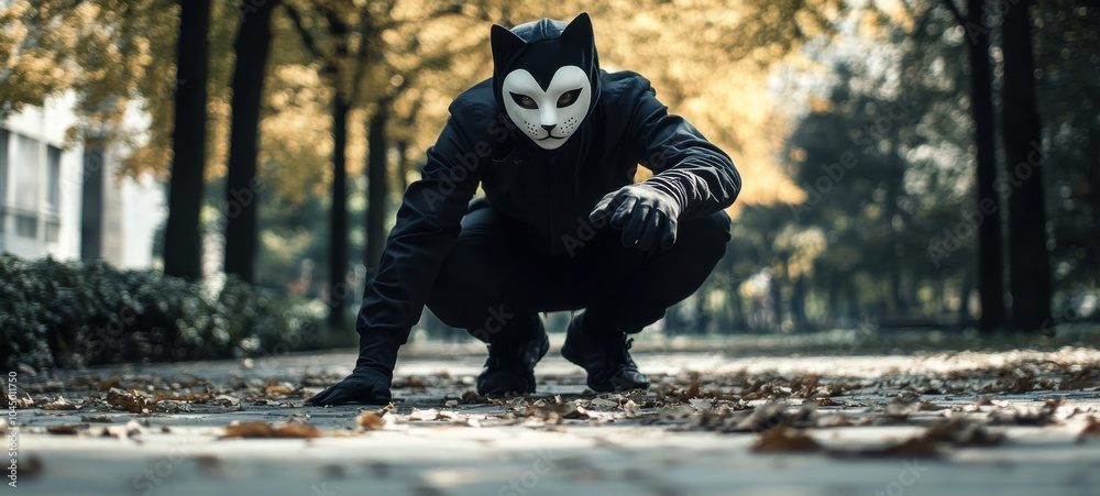 Mysterious figure in a cat mask crouching on a deserted pathway surrounded by autumn foliage during daylight hours Mysterious figure in a cat mask crouching on a deserted pathway surrounded by autumn foliage during daylight hours