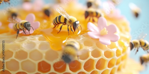 Bees gathering nectar on a honeycomb with flowers during a sunny day in a vibrant garden setting photo