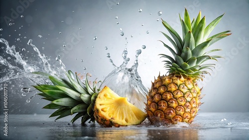 Sliced pineapple with water splash on light background