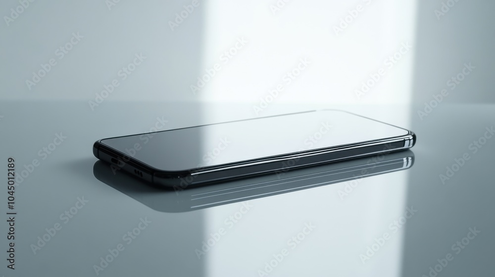 High-quality product shot of a sleek modern smartphone in metallic tones, placed on a reflective surface with a clean background.