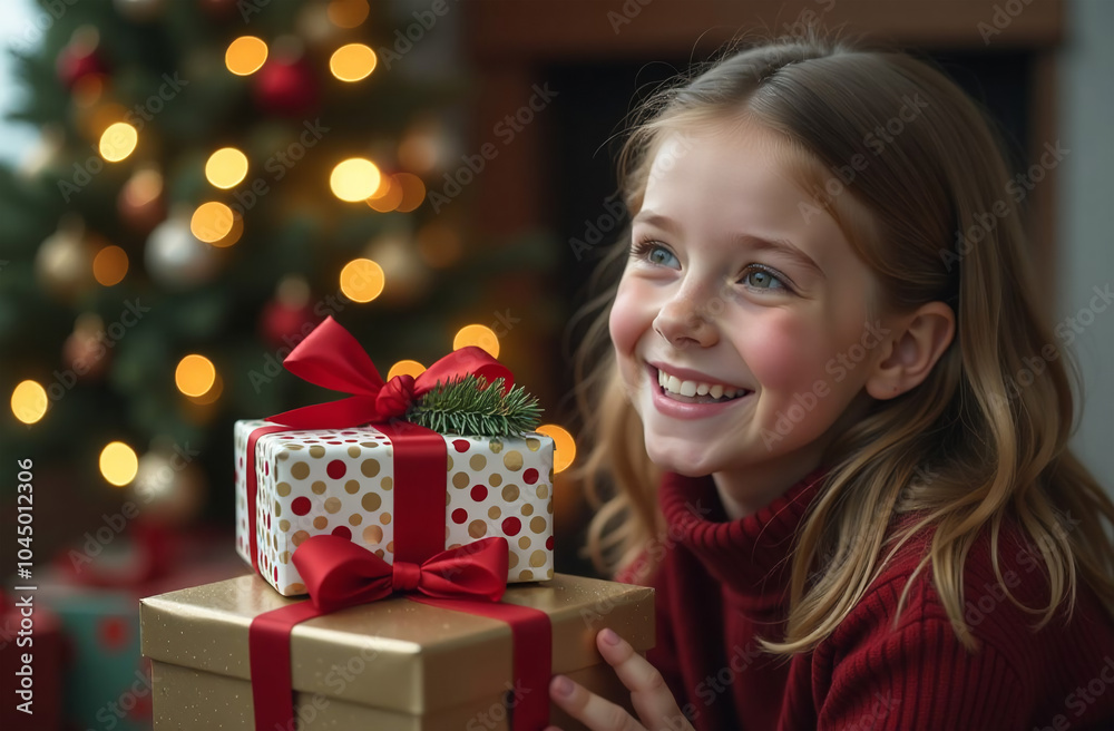 Cute teenage girl with Christmas gift box at home, closeup Cute teenage girl with Christmas gift box at home, closeup