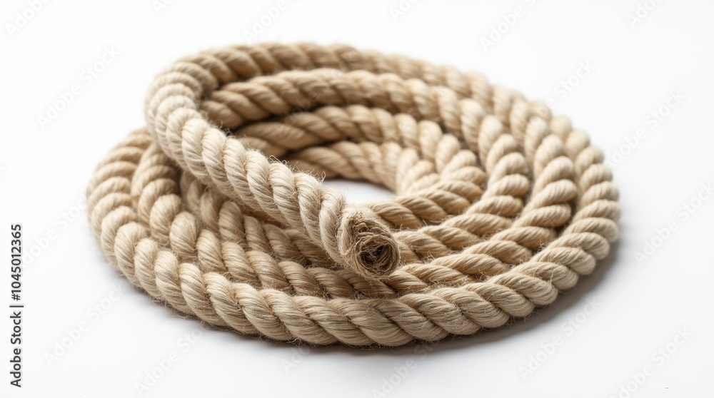 A thick, textured rope coiled neatly into a perfect spiral, lying on a white background; the rough texture contrasts beautifully with the smooth surface. A thick, textured rope coiled neatly into a perfect spiral, lying on a white background; the rough texture contrasts beautifully with the smooth surface.