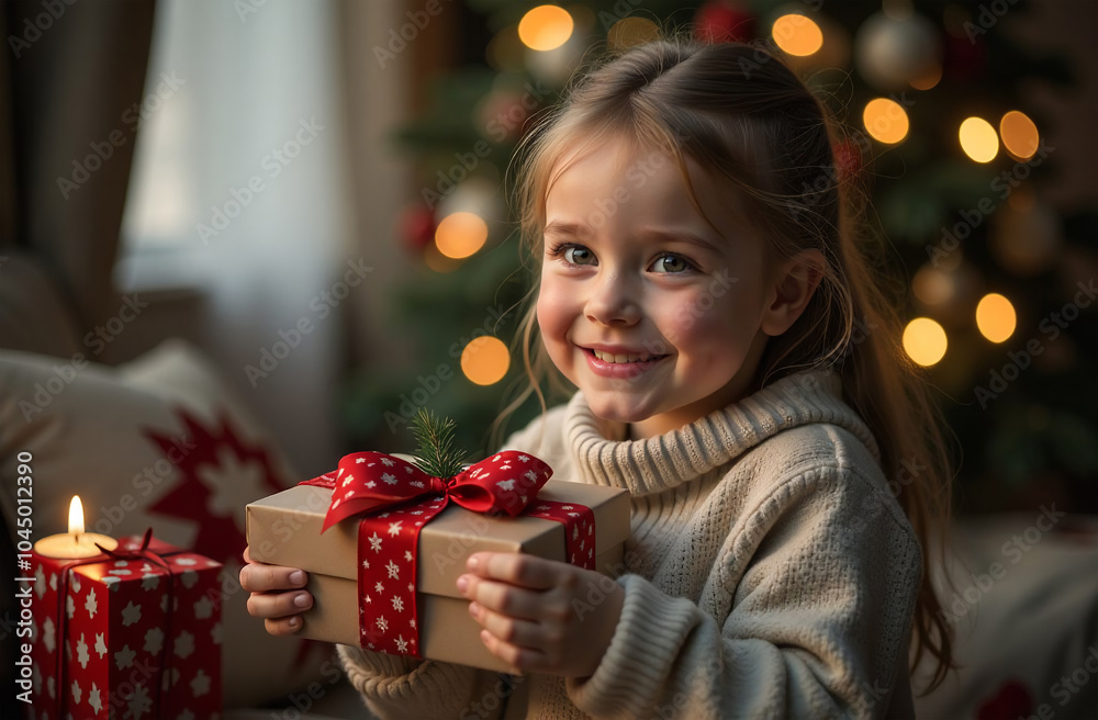 Cute little girl holding Christmas gift box in front of Christmas tree Cute little girl holding Christmas gift box in front of Christmas tree