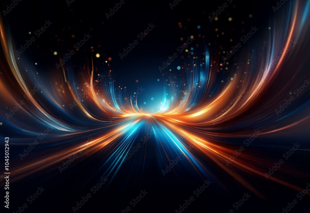 Abstract artwork with glowing lines of blue and orange light converging into a single point. The background is black and the artwork contains a subtle hint of sparkle. Abstract artwork with glowing lines of blue and orange light converging into a single point. The background is black and the artwork contains a subtle hint of sparkle.