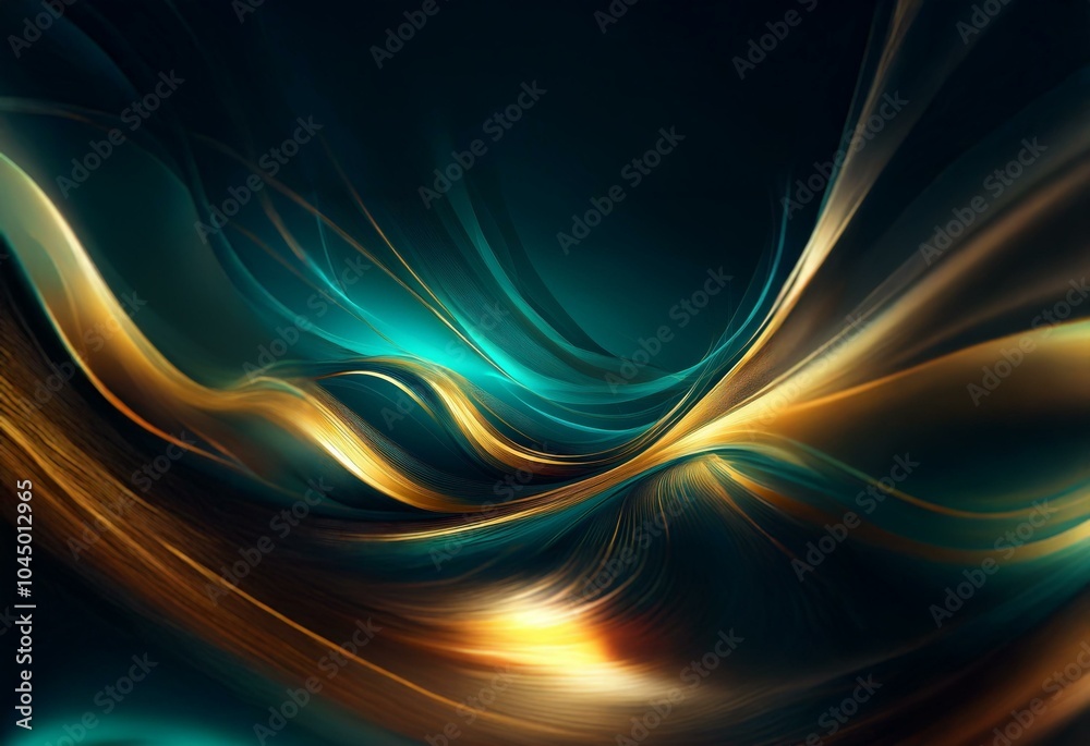 Abstract digital art with glowing teal and gold waves against a dark background. Abstract digital art with glowing teal and gold waves against a dark background.