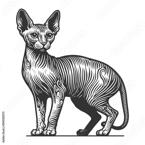 Sphynx cat, showcasing its distinctive hairless body and large ears, in a vintage style sketch engraving generative ai vector illustration. Scratch board imitation. Black and white image.