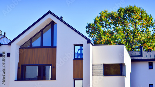 Harmony with nature, eco architecture. Terraced single family homes in newly developed housing estate. The real estate market in the suburbs with lush greenery surrounding.  photo