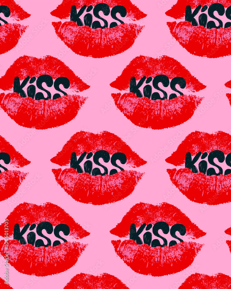 Seamless pattern kiss red prints. Vector kisses seamless pattern for St. Valentine's Day. Red lips with hearts. Endless repeating texture with different red colored female lips..eps Seamless pattern kiss red prints. Vector kisses seamless pattern for St. Valentine's Day. Red lips with hearts. Endless repeating texture with different red colored female lips..eps