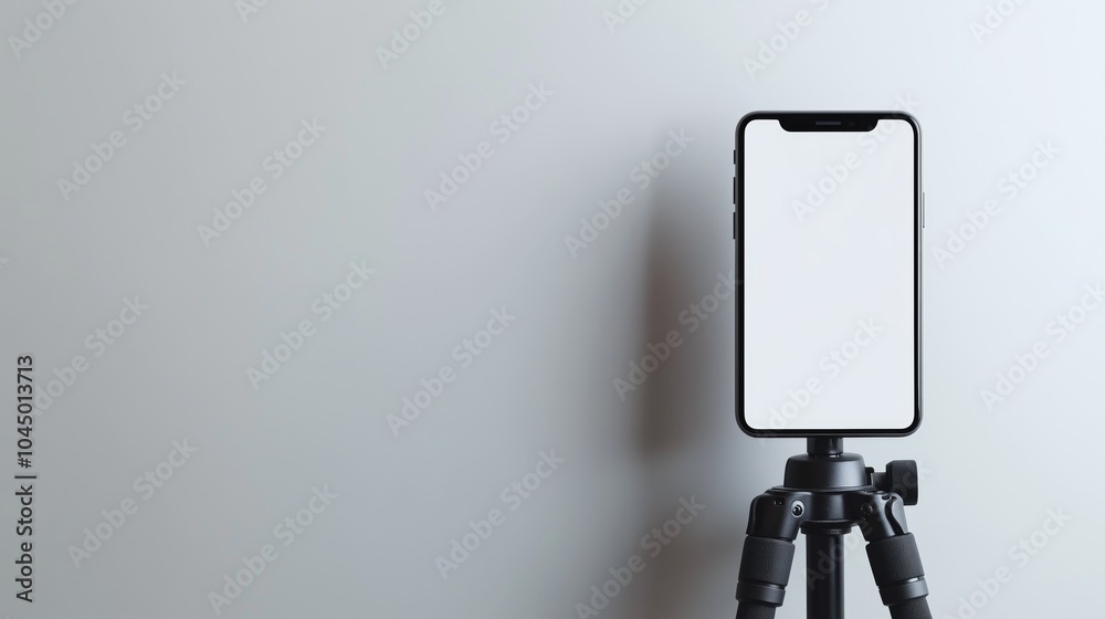 Smartphone mounted on a tripod with a blank screen on a neutral background Smartphone mounted on a tripod with a blank screen on a neutral background
