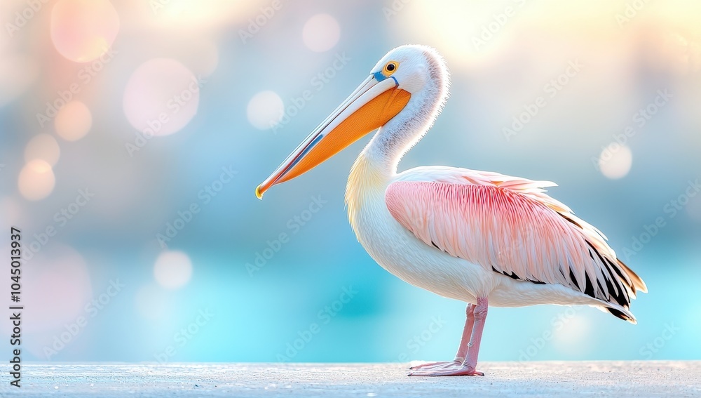 Great white pelican with pink hue standing on a ledge against a bokeh background. Great white pelican with pink hue standing on a ledge against a bokeh background.