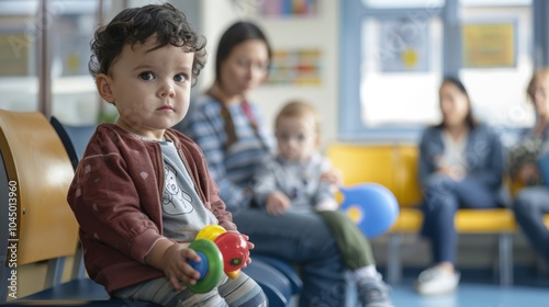 A shot of a family sitting in the waiting area one child playing with a toy while the parents look at the schedule board. photo