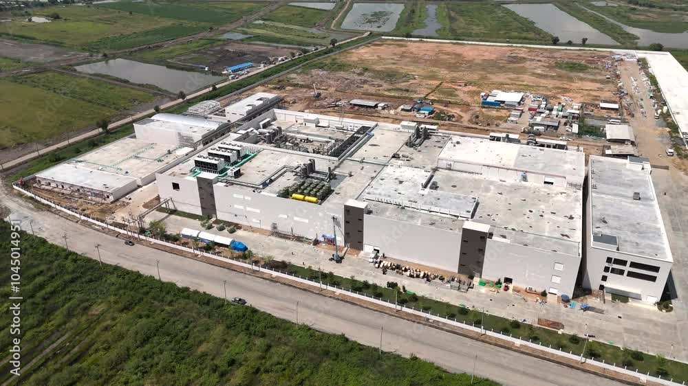 High angle view of construction of industrial factory building High angle view of construction of industrial factory building