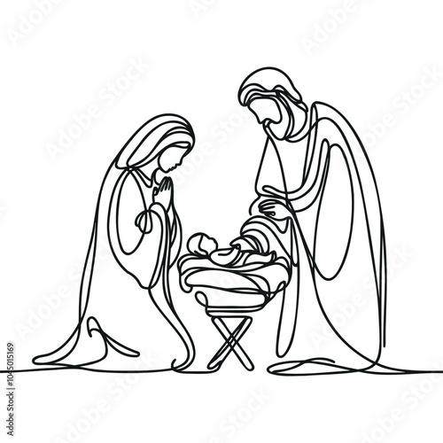 Continuous one line Christmas vector Christian nativity scene of baby Jesus with Mary and Joseph. Bethlehem scene