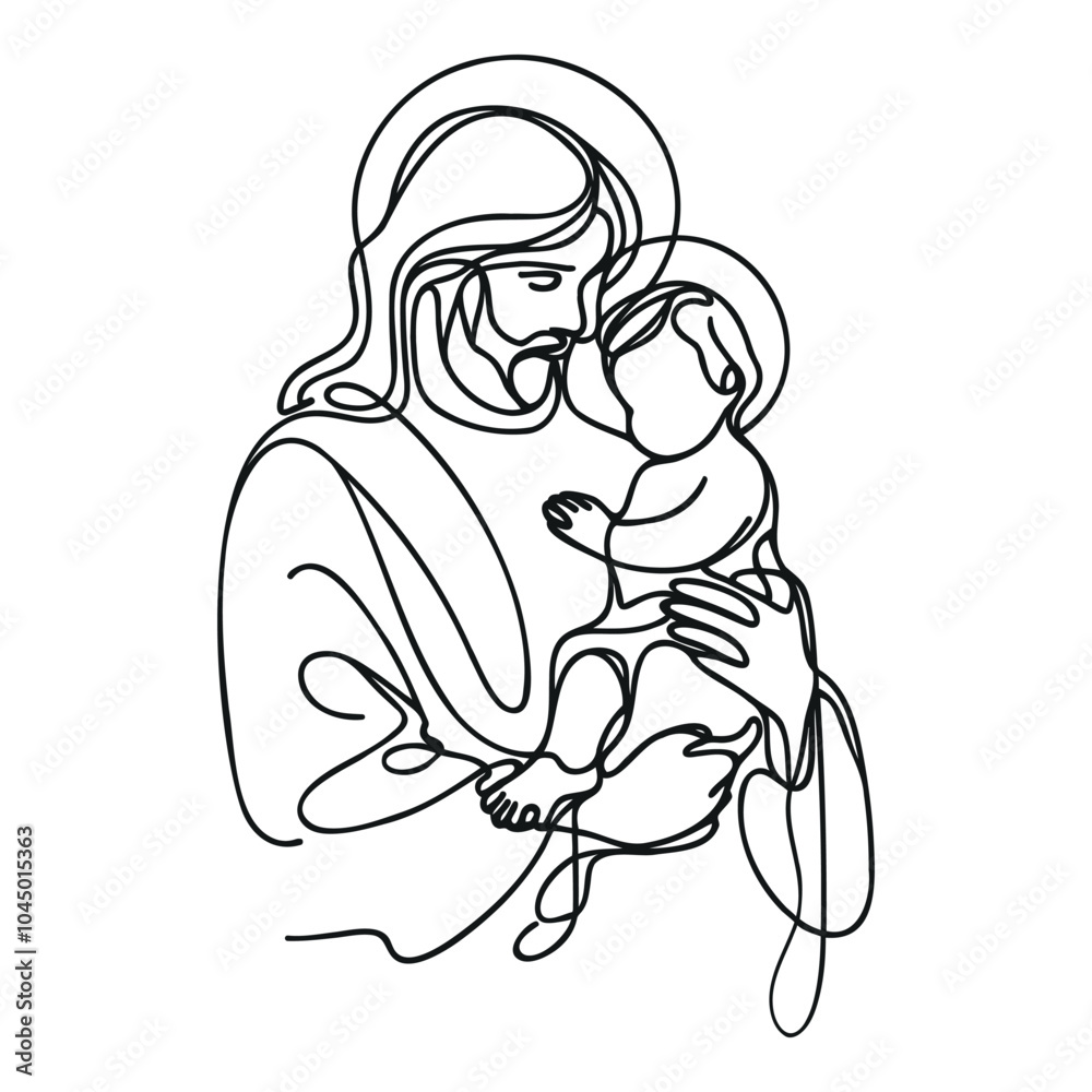 One continuous line drawing of a minimal Jesus Christ holding a baby in his arms.
