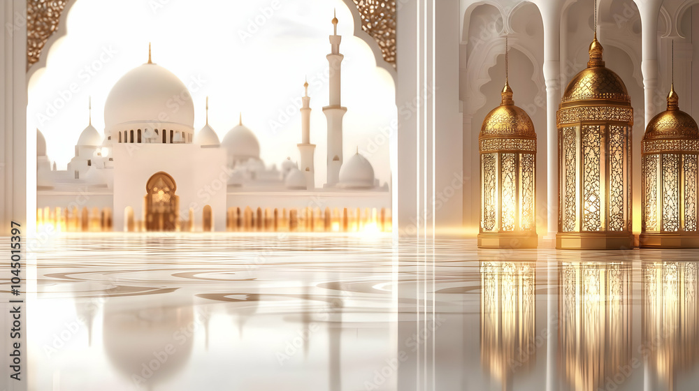 Obraz premium Golden Lanterns Mosque Interior 3D Illustration