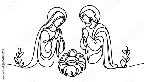 Continuous one line Christmas vector Christian nativity scene of baby Jesus with Mary and Joseph. Bethlehem scene